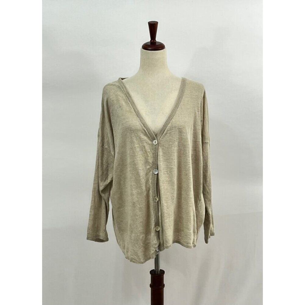 MEGBYDESIGN Sz L Large Beige 100% Linen Button Front Cardigan Sweater